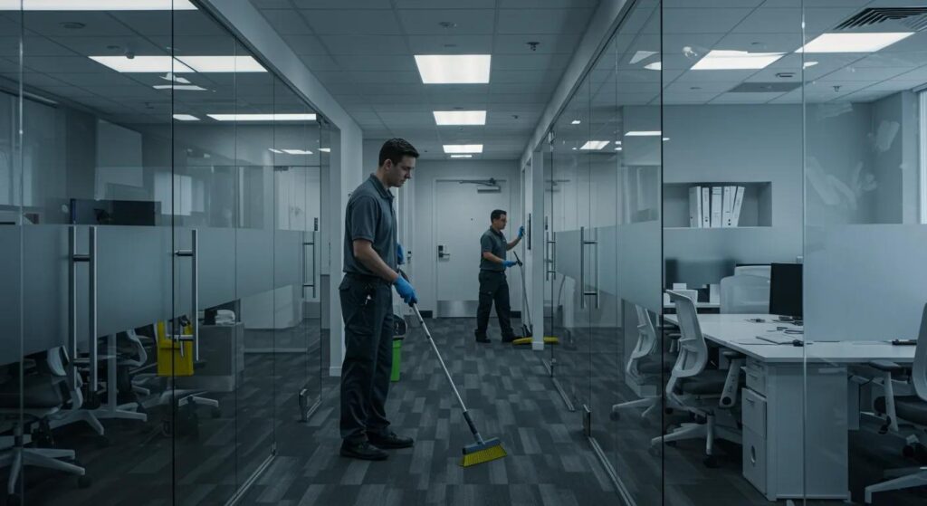 a sleek, modern office space showcases a professional cleaning service in action, with a uniformed cleaner utilizing advanced equipment to maintain a spotless and organized environment, reflecting the importance of cost-effective solutions for businesses in macomb county.