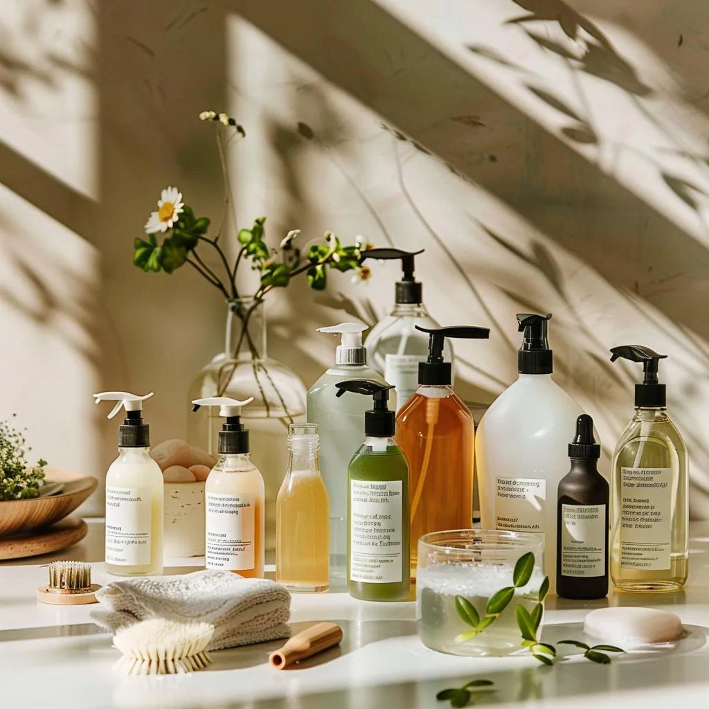 Showcase of biodegradable and plant-based cleaning products emphasizing eco-friendliness