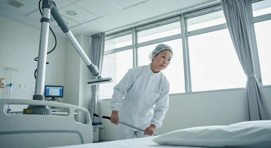 Hospital cleaning staff member in PPE cleaning a patient room, emphasizing infection control