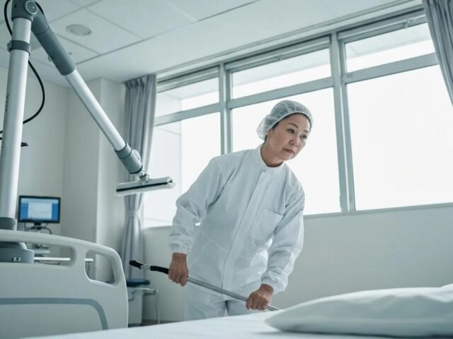 Healthcare professional in white uniform cleaning hospital room, emphasizing sanitation and patient care in a clinical environment.