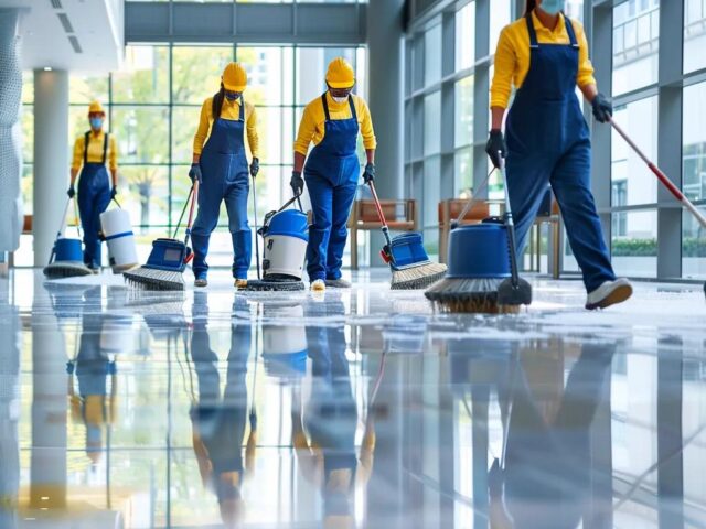 Team of commercial cleaners in yellow shirts and blue overalls using floor scrubbers on polished floors in an industrial facility, emphasizing professional cleaning services for optimal workspace hygiene.
