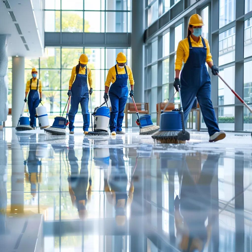 Professional cleaning team using modern equipment in a commercial space