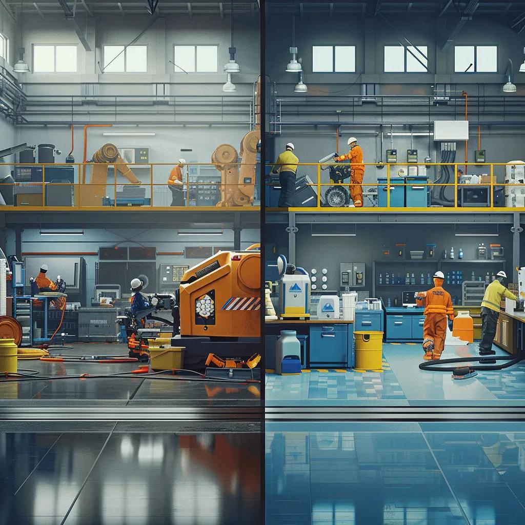 Comparison of industrial cleaning in a manufacturing setting and commercial cleaning in an office