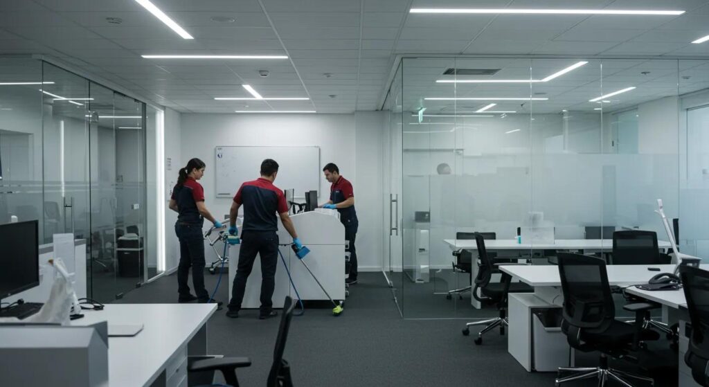 a sleek, modern office space with gleaming surfaces and minimalistic decor, showcasing a professional cleaning team in action, emphasizing the importance of a sanitized environment for employee health and productivity.