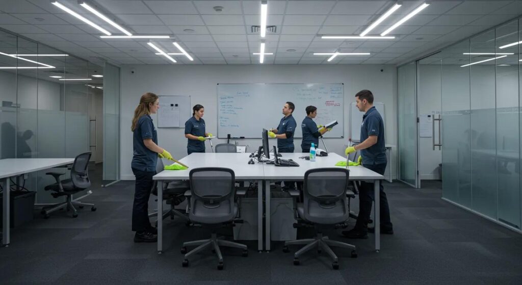 a modern office space is illuminated by bright, energy-efficient lighting, featuring a team of professionals using eco-friendly cleaning products, emphasizing a commitment to sustainability and cleanliness in macomb county.