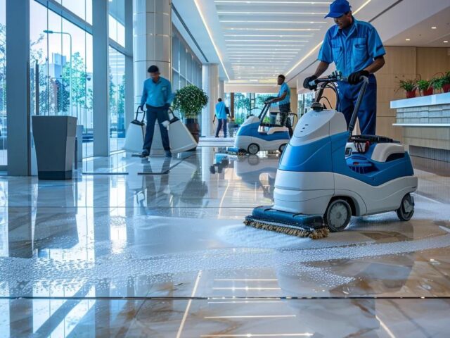 Professional cleaners using floor scrubbers in a modern hospital lobby, ensuring cleanliness and sanitation for patient care.