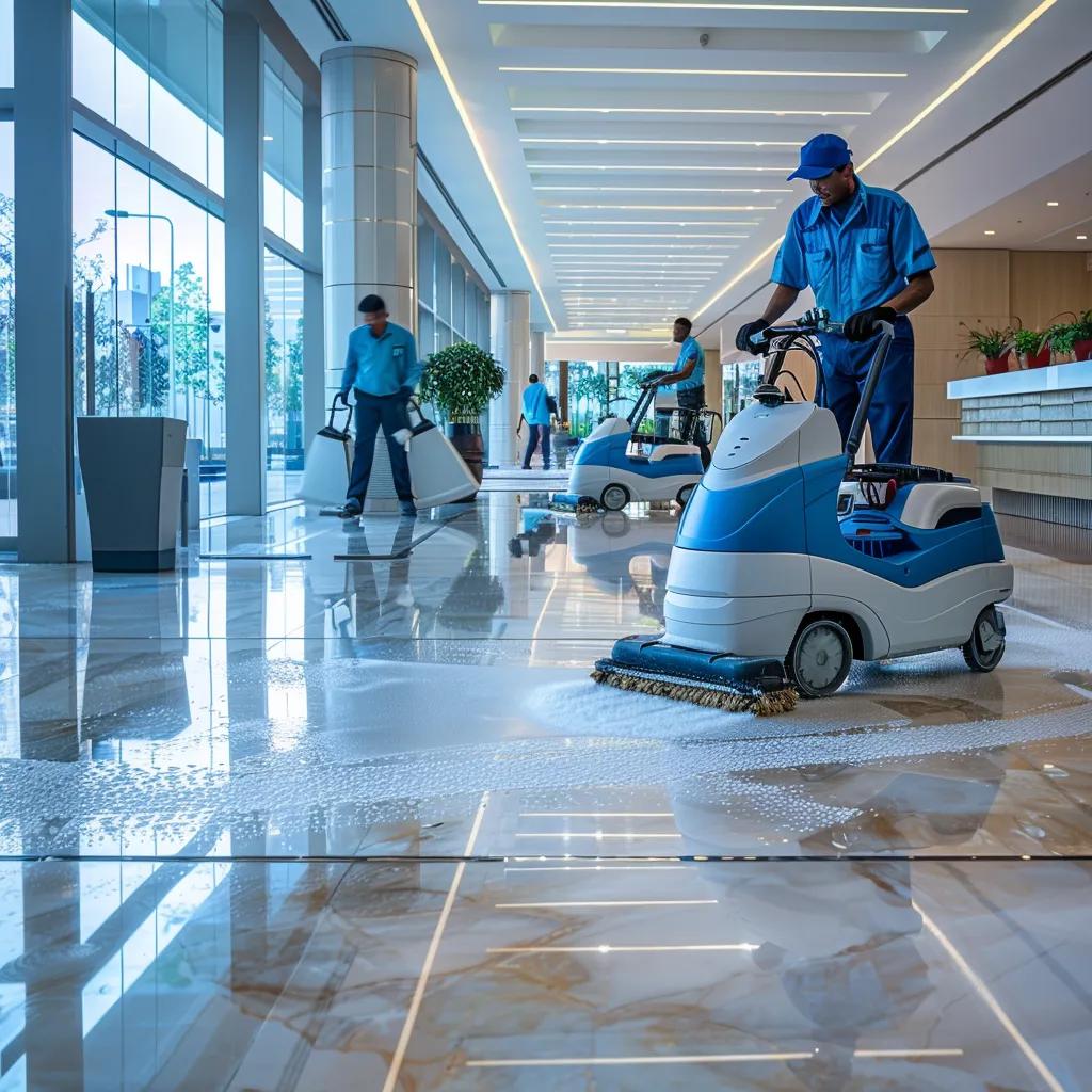 Professional cleaning team maintaining commercial flooring in a modern office
