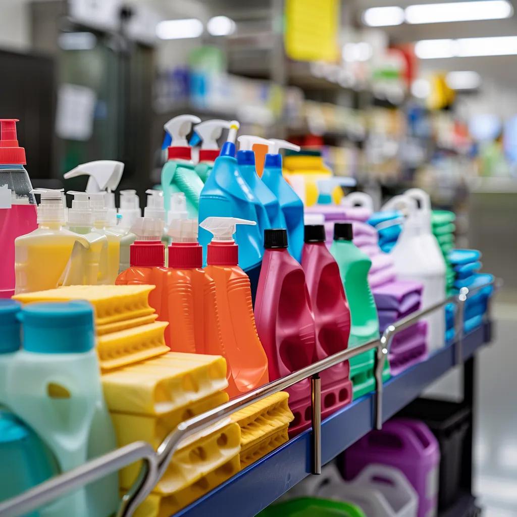 Color-coded cleaning supplies and PPE on a hospital cleaning cart, showcasing infection control measures