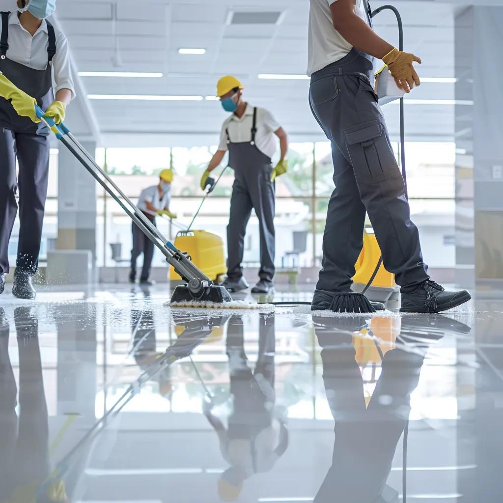 Professional cleaning team using modern equipment in a commercial space