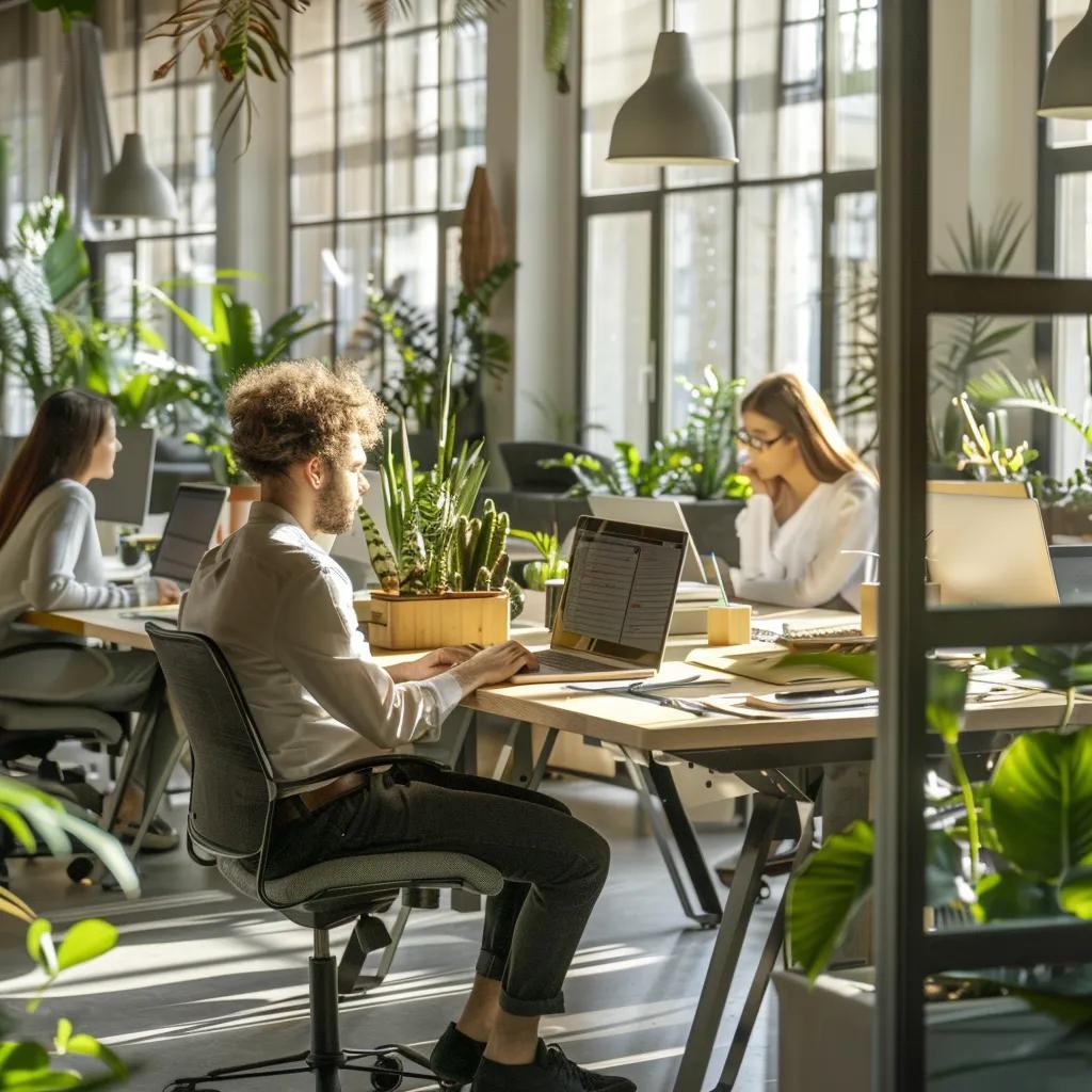 Healthy office environment with employees at clean desks, showcasing the benefits of deep cleaning on well-being