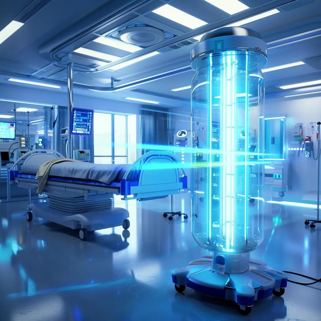 UV-C disinfection device in a hospital room, demonstrating advanced cleaning technology in action