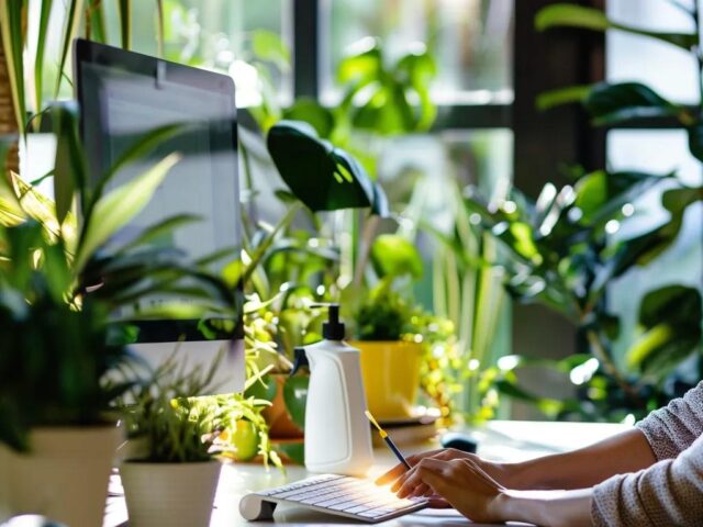 Person typing on a keyboard in an eco-friendly office surrounded by lush green plants, emphasizing a sustainable and healthy workspace.