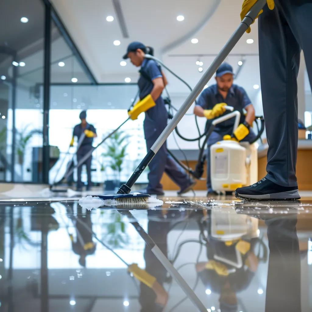 Diverse cleaning team using modern equipment in a commercial space
