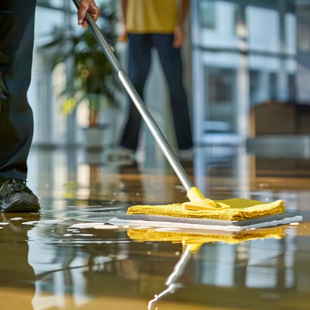 Worker cleaning hardwood floor with microfiber mop in a business setting