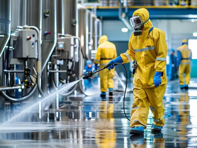 Industrial worker in protective gear cleaning a facility floor with a pressure washer, emphasizing specialized cleaning solutions for optimal safety and efficiency in commercial environments.