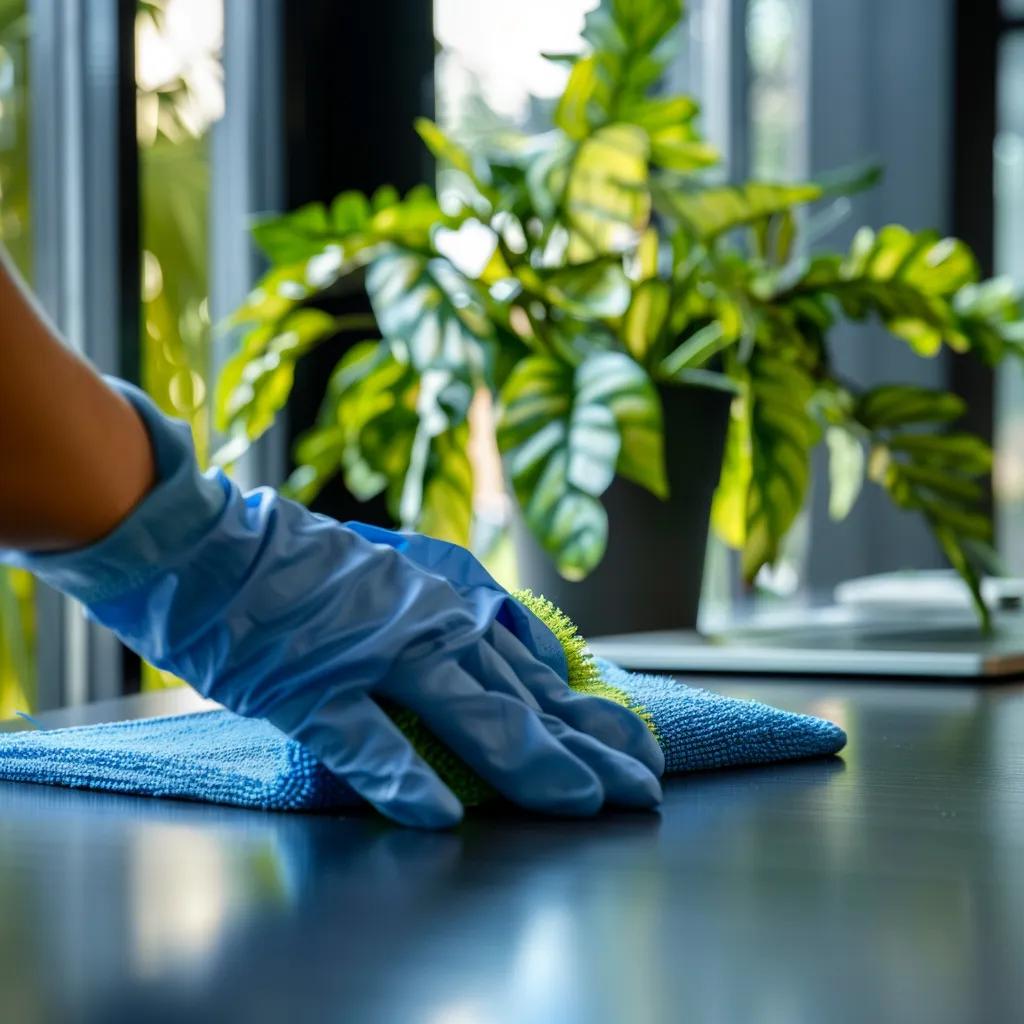 Eco-friendly cleaning products in a modern office setting promoting workplace hygiene
