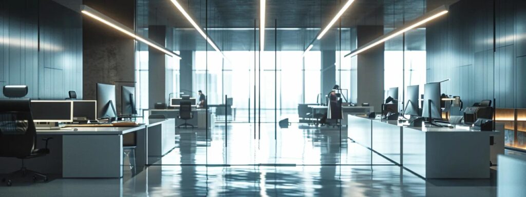 a sleek, modern office environment in macomb county, featuring professional cleaning staff efficiently tidying up workspaces, illuminated by bright overhead lights that highlight the pristine surfaces and organized desks, conveying a sense of local expertise and attention to detail.