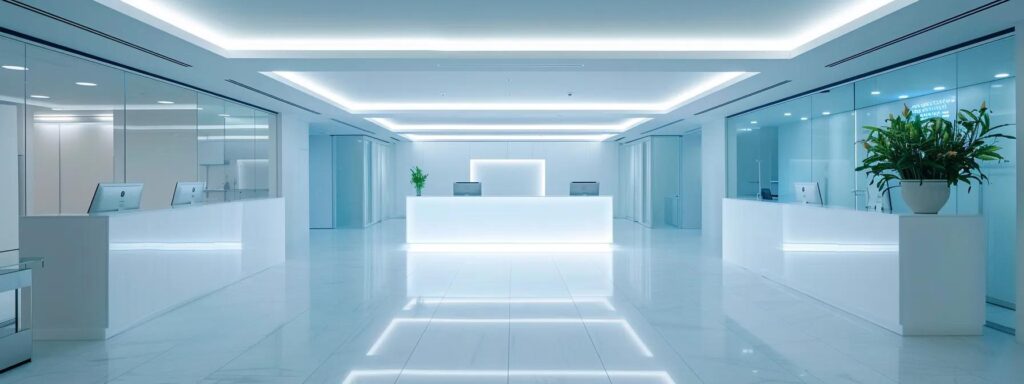 a sleek, modern office space in macomb county features spotless desks and gleaming floors, showcasing the impact of professional cleaning services with a crisp, organized layout illuminated by bright artificial lighting.