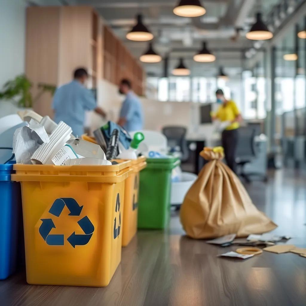 Cleaning team implementing waste reduction and recycling practices in an office