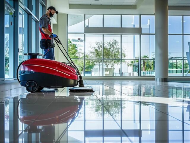 Professional cleaner using a red floor scrubber on shiny tiles in a commercial space, emphasizing effective floor maintenance and cleanliness.