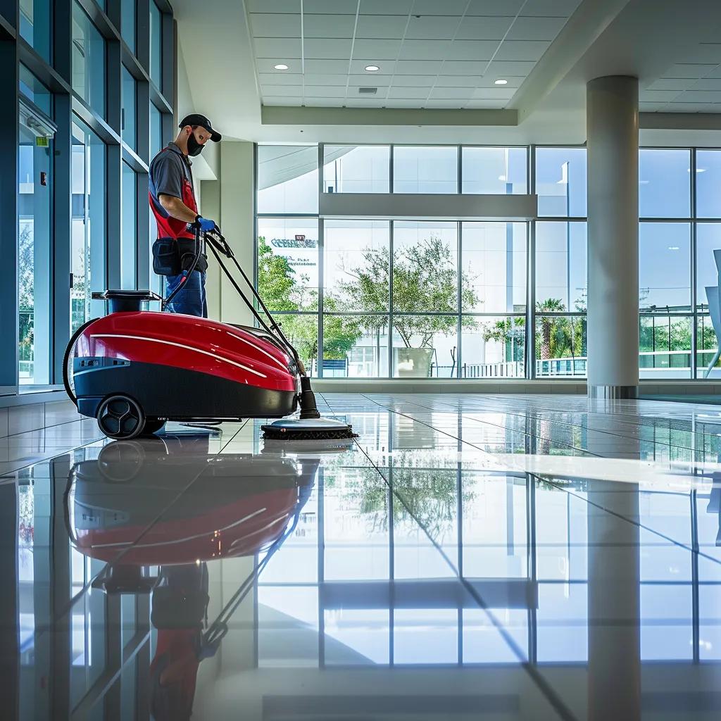 Professional cleaning crew maintaining commercial floors with advanced equipment