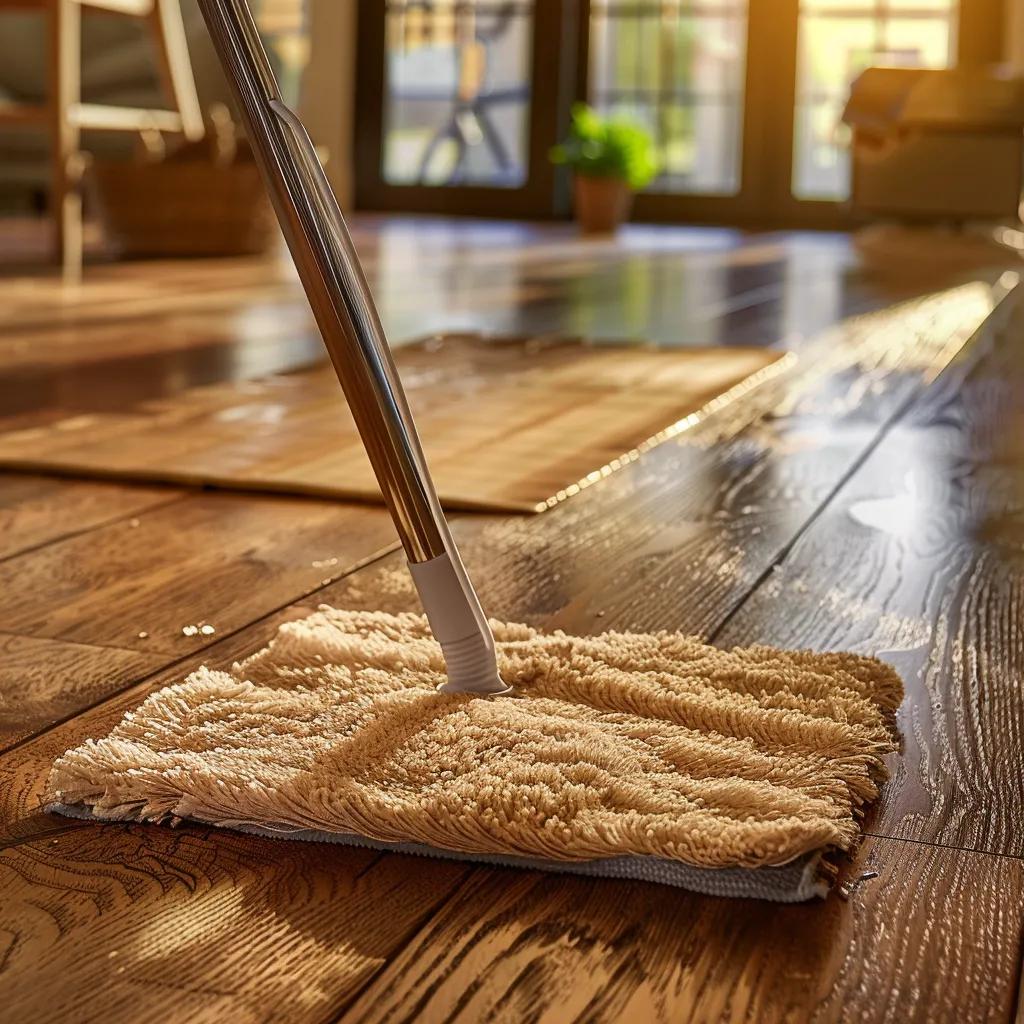 Close-up of hardwood floor maintenance with dust mop and cleaner in a commercial setting