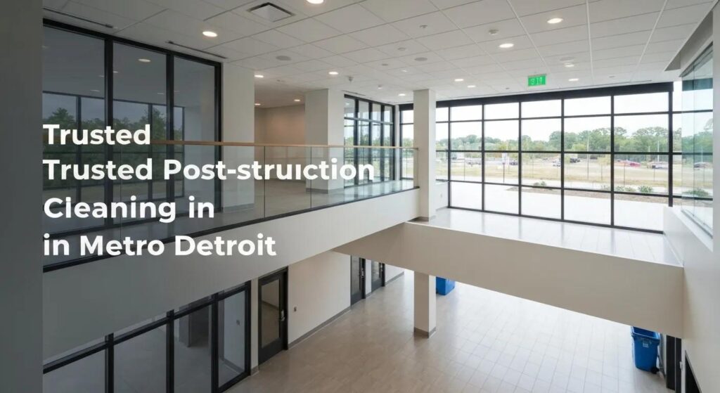 Post-construction office interior showcasing clean, modern space with large windows, emphasizing trusted cleaning services in Metro Detroit.