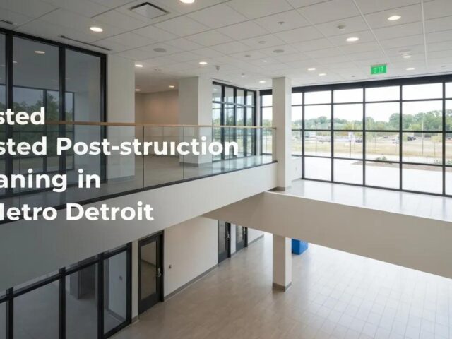 Modern office interior showcasing spacious layout and large windows, emphasizing trusted post-construction cleaning services in Metro Detroit.