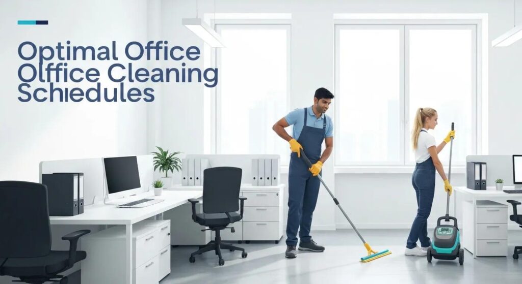 Office cleaning professionals in a modern workspace, demonstrating optimal office cleaning techniques and schedules, with cleaning equipment and organized desks in the background.
