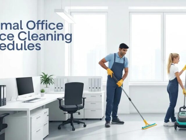 Professional cleaners maintaining a modern office space, featuring a desk with a computer, potted plant, and cleaning equipment, emphasizing optimal office cleaning schedules.