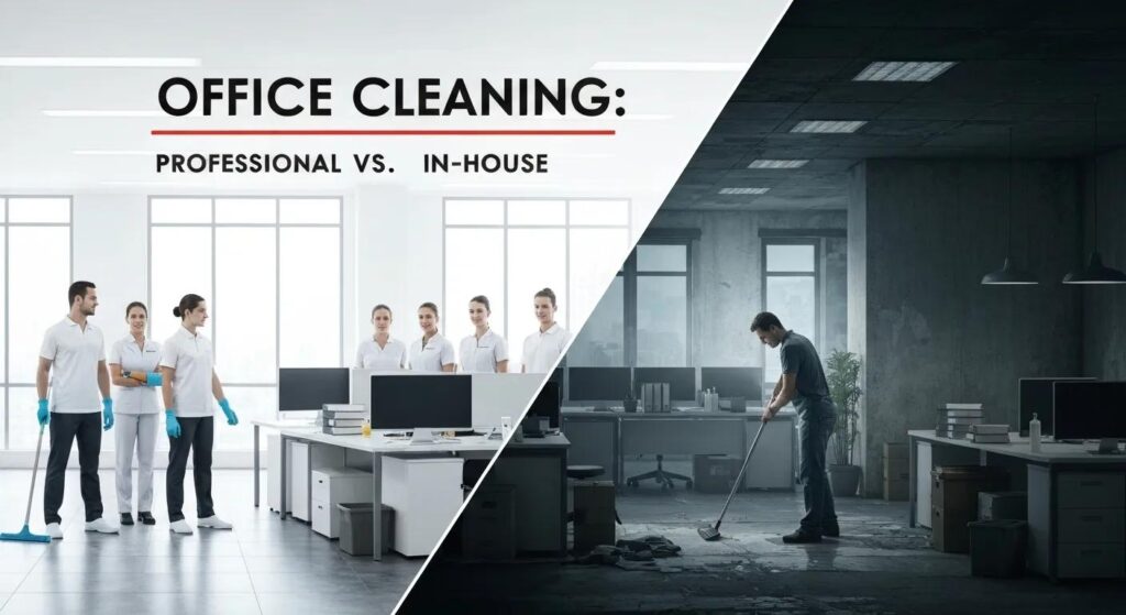 Office cleaning comparison: professional cleaning team in bright office and individual cleaning in dim workspace, highlighting effectiveness of professional services.
