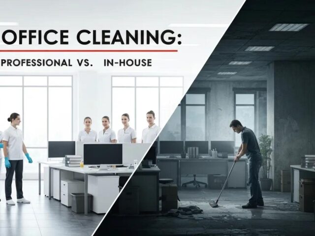 Office cleaning comparison: professional cleaning team in bright office versus individual cleaning in dim workspace, highlighting effectiveness and service options.