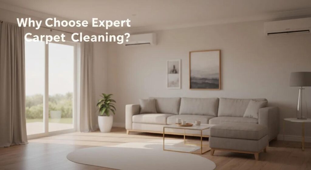 Modern living room with a light-colored sectional sofa, coffee table, and decorative items, featuring large windows for natural light, emphasizing the importance of professional carpet cleaning for enhancing home hygiene and aesthetics.