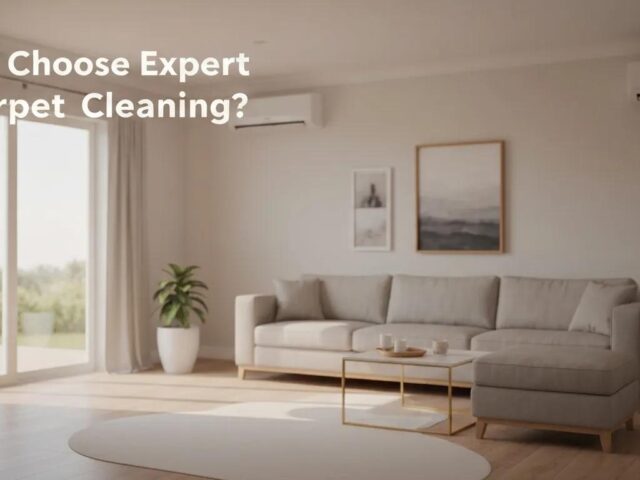 Modern living room with a light-colored sofa, coffee table, and potted plant, featuring text overlay asking, "Why Choose Expert Carpet Cleaning?"