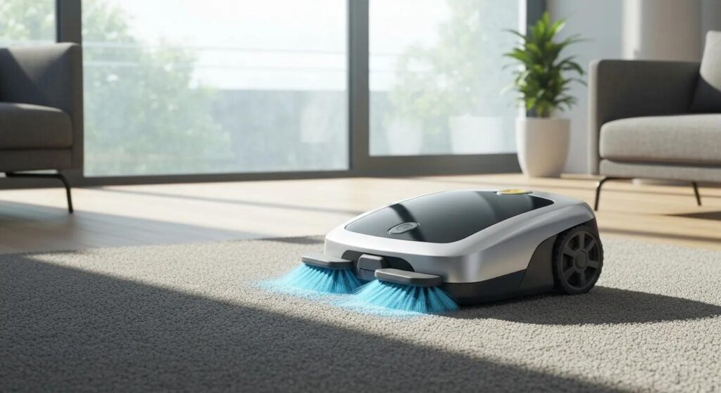 Robot vacuum cleaner on carpet in bright living room, demonstrating modern cleaning technology for professional carpet maintenance.