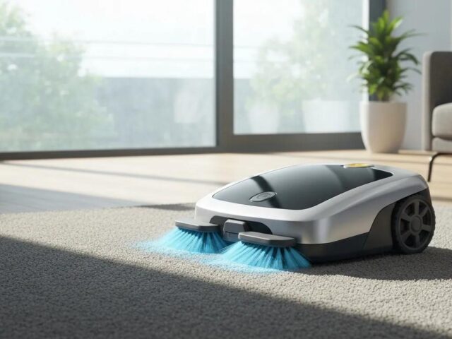 Robot vacuum cleaner on carpet in modern living space, showcasing advanced cleaning technology for home maintenance and hygiene.