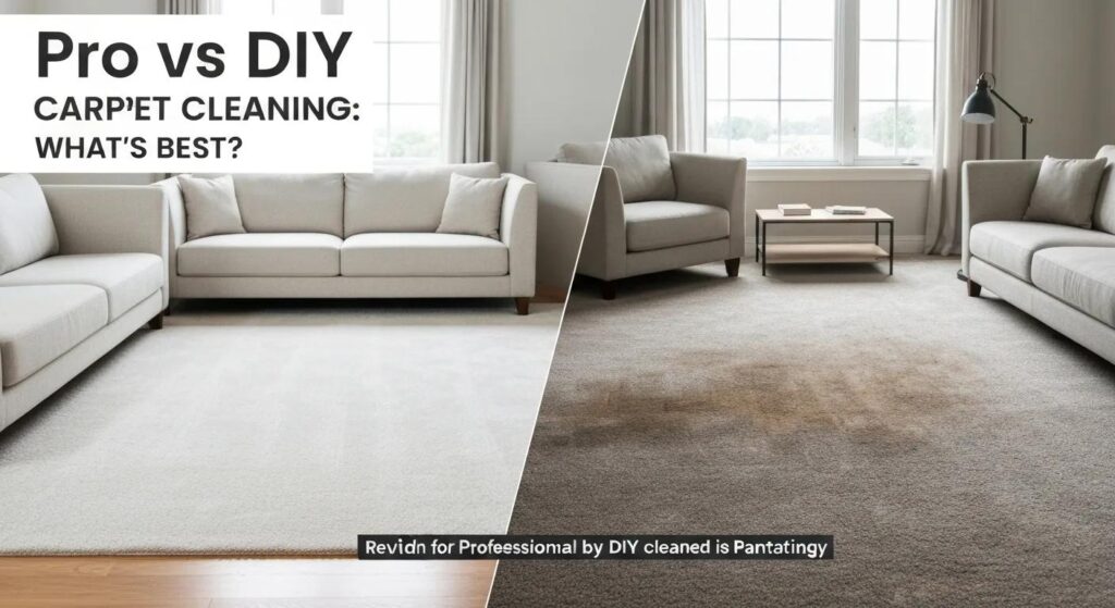 Pro vs DIY carpet cleaning comparison, showcasing clean and stained carpets in a living room setting, emphasizing effectiveness and maintenance differences.