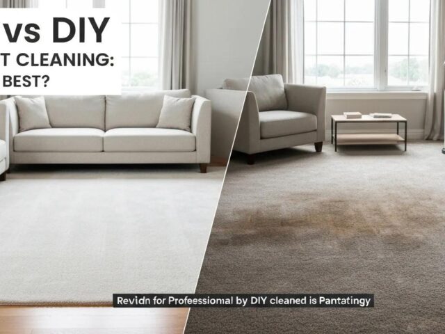 Comparison of professional and DIY carpet cleaning methods, showcasing a clean light-colored carpet on one side and a stained dark carpet on the other, with text overlay discussing effectiveness.