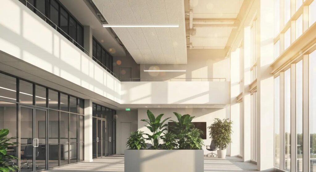 Modern office interior featuring large windows, natural light, and indoor plants, emphasizing a clean and healthy workspace aligned with professional janitorial services.