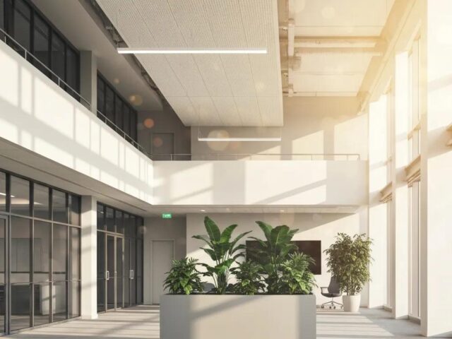 Modern office interior featuring large windows, natural light, and indoor plants, emphasizing cleanliness and professional atmosphere for commercial cleaning services.