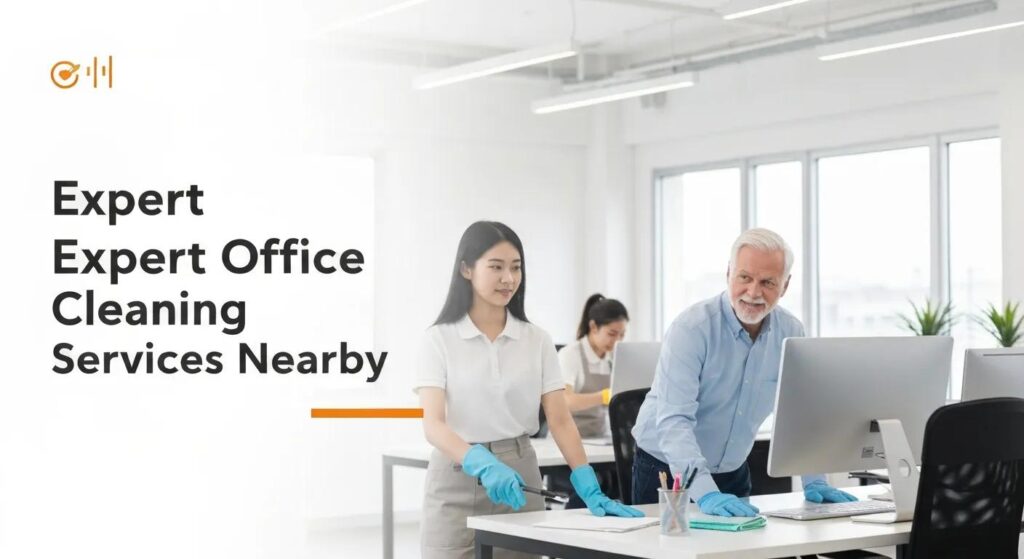 Expert office cleaning services in a modern workspace, featuring professionals in gloves collaborating at desks, emphasizing workplace hygiene and productivity.