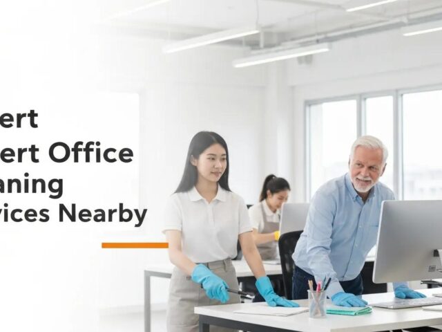 Expert office cleaning services with professionals in gloves working at desks, emphasizing workplace hygiene and maintenance.