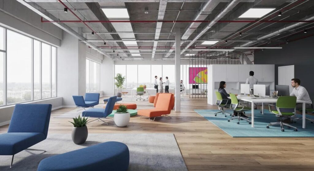 Modern office interior with colorful furniture, large windows, and collaborative workspace, illustrating professional office deep cleaning environment for enhanced productivity and health.