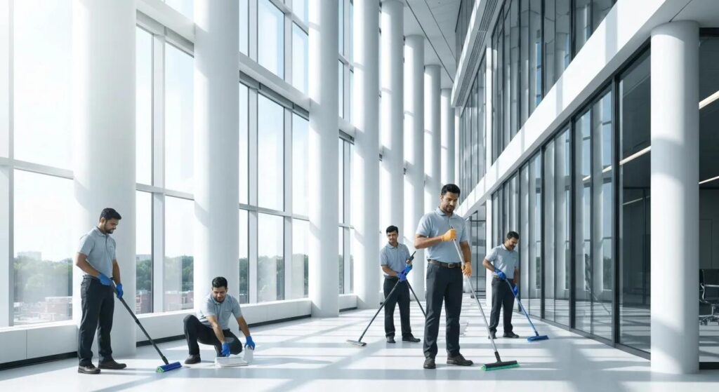 Team of professional cleaners performing commercial office cleaning in a modern, well-lit workspace with large windows, showcasing their commitment to maintaining a pristine environment.