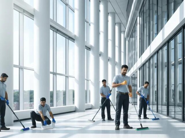Professional cleaning team sanitizing a modern office space with mops and cleaning supplies, emphasizing efficient commercial cleaning services.