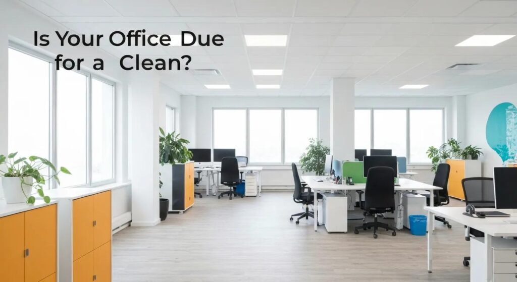 Modern office interior with desks, chairs, and plants; text overlay asking, "Is Your Office Due for a Clean?"