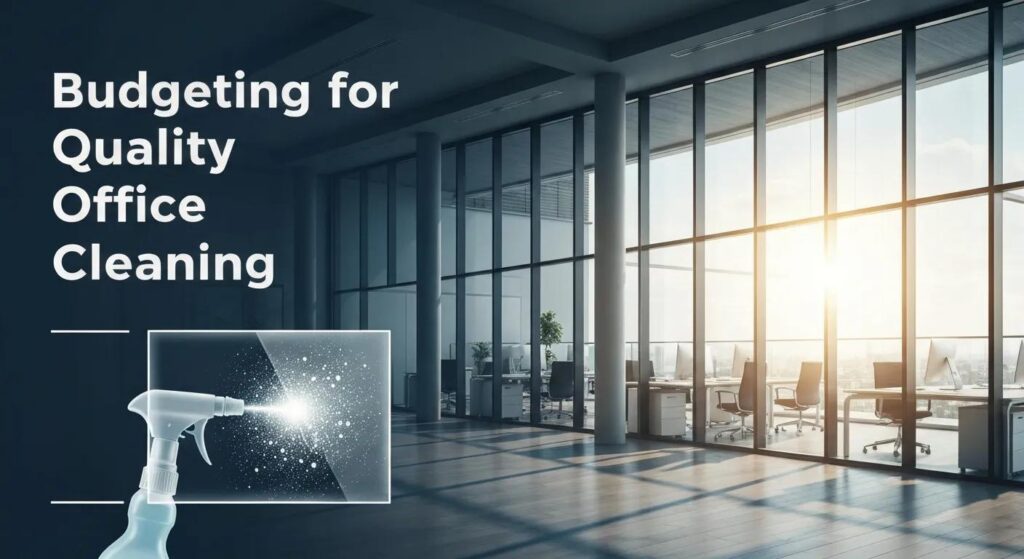 Budgeting for quality office cleaning with a spray bottle and bright, modern office space featuring large windows and desks.