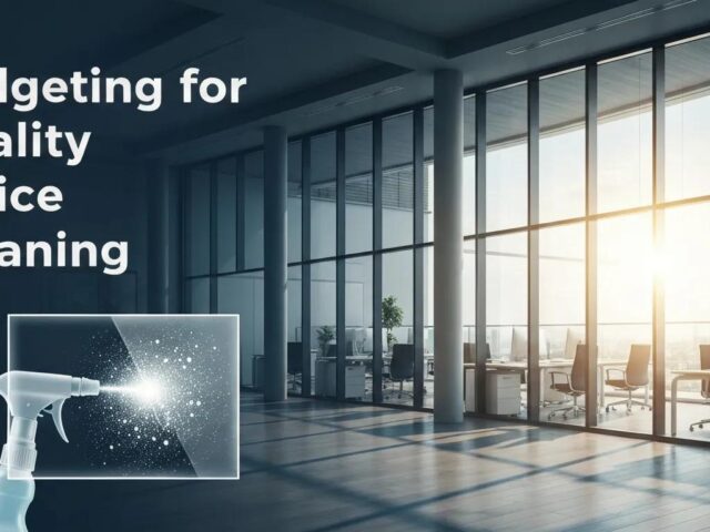 Modern office interior with large windows, sunlight streaming in, and a spray bottle for cleaning, emphasizing budgeting for quality office cleaning services.