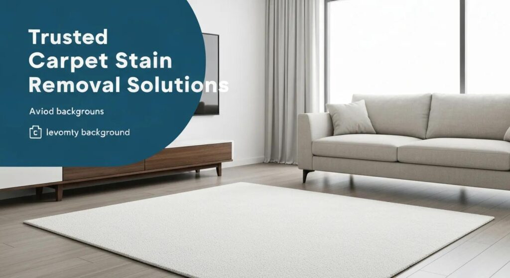 Trusted carpet stain removal solutions in a modern living room setting with a light-colored sofa and a large area rug, emphasizing the importance of effective cleaning methods for maintaining carpet appearance and indoor air quality.