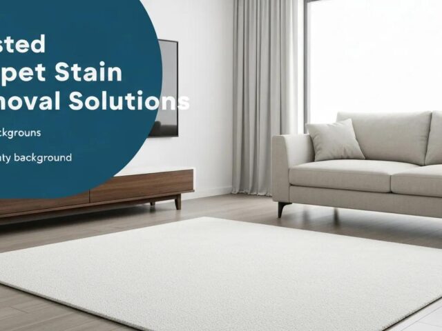 Modern living room with light-colored carpet, sofa, and TV, featuring text overlay about trusted carpet stain removal solutions.